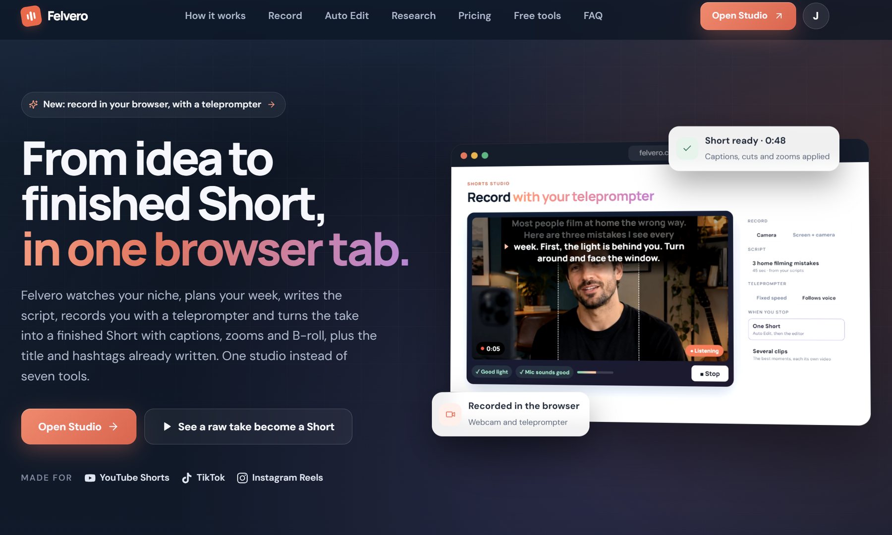 Felvero home page: from idea to finished Short, in one browser tab