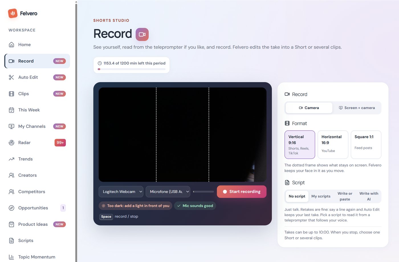 Felvero Record screen with webcam, format and teleprompter script options