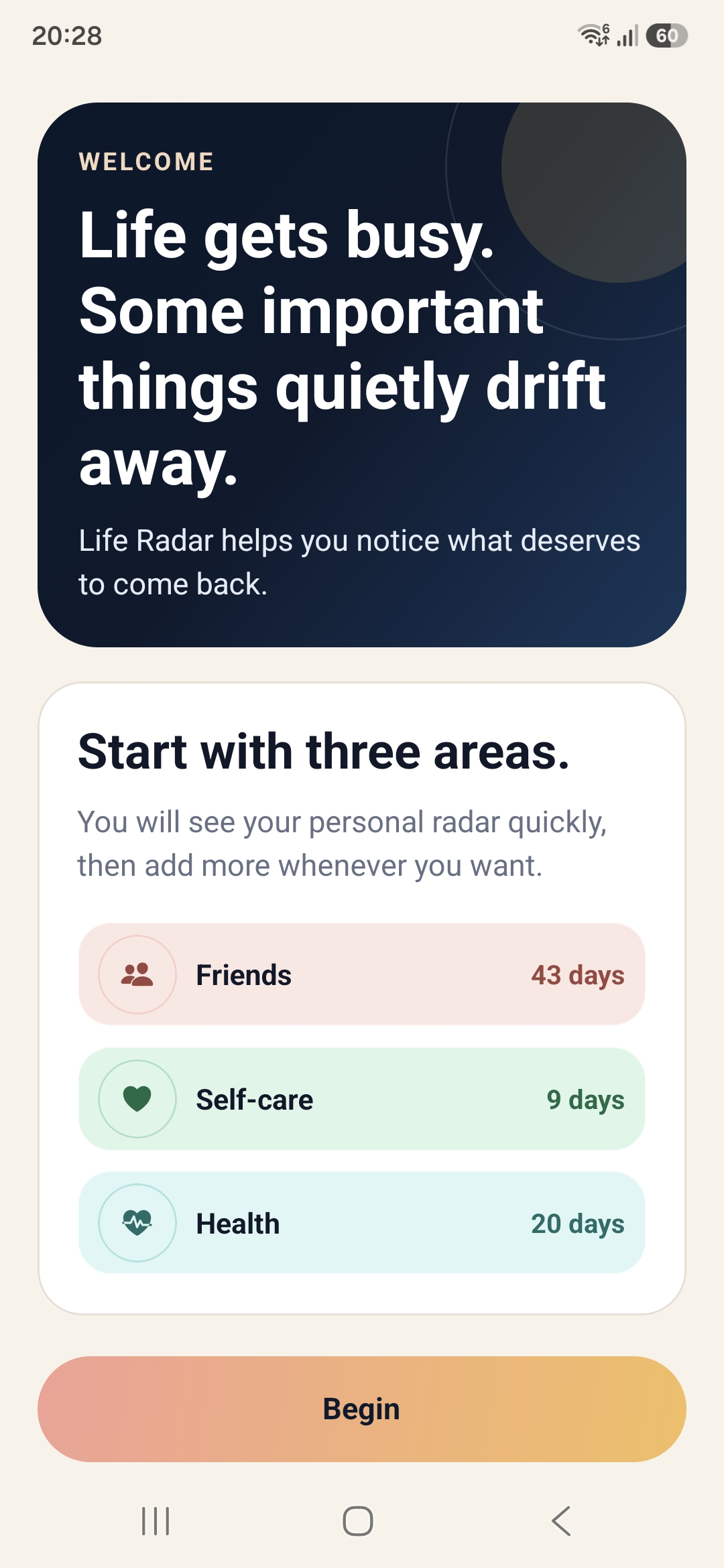 Tela de boas-vindas do app LifeRadar