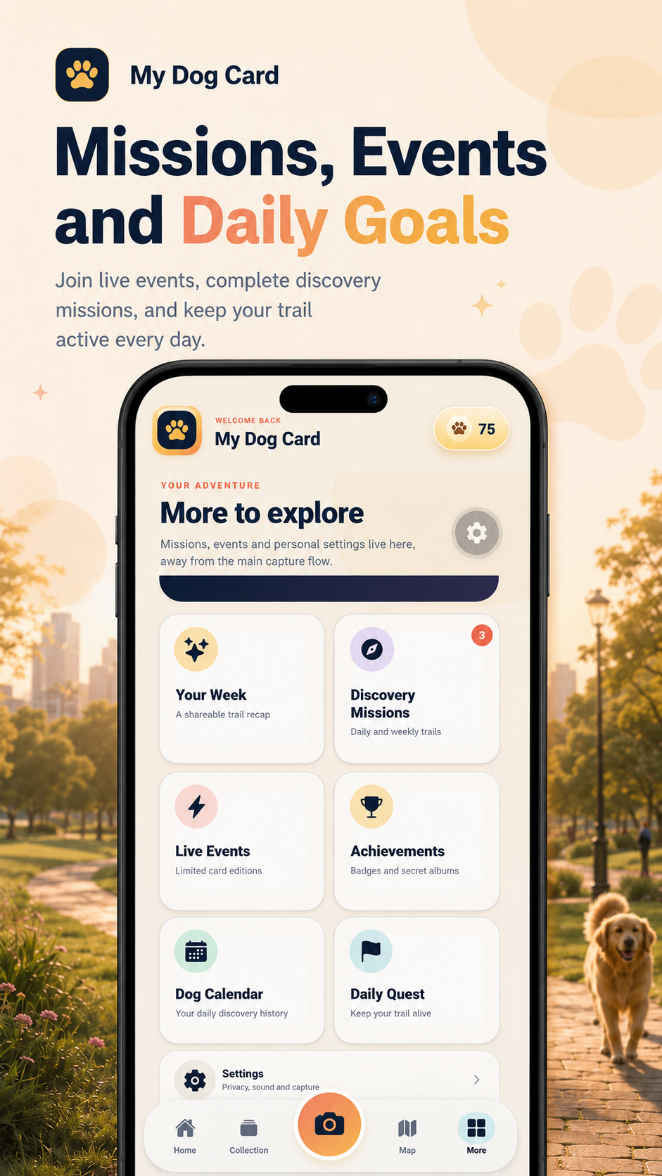 My Dog Card missions and daily goals screen
