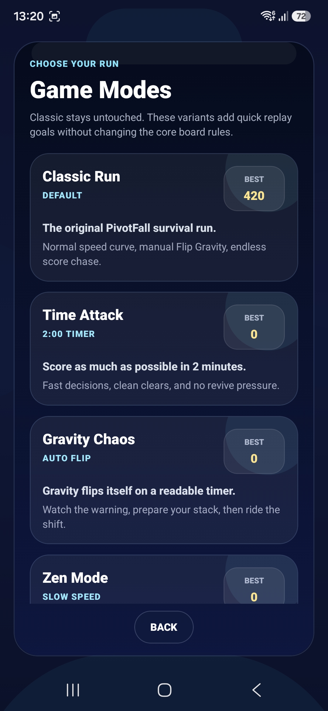 PivotFall game modes screen