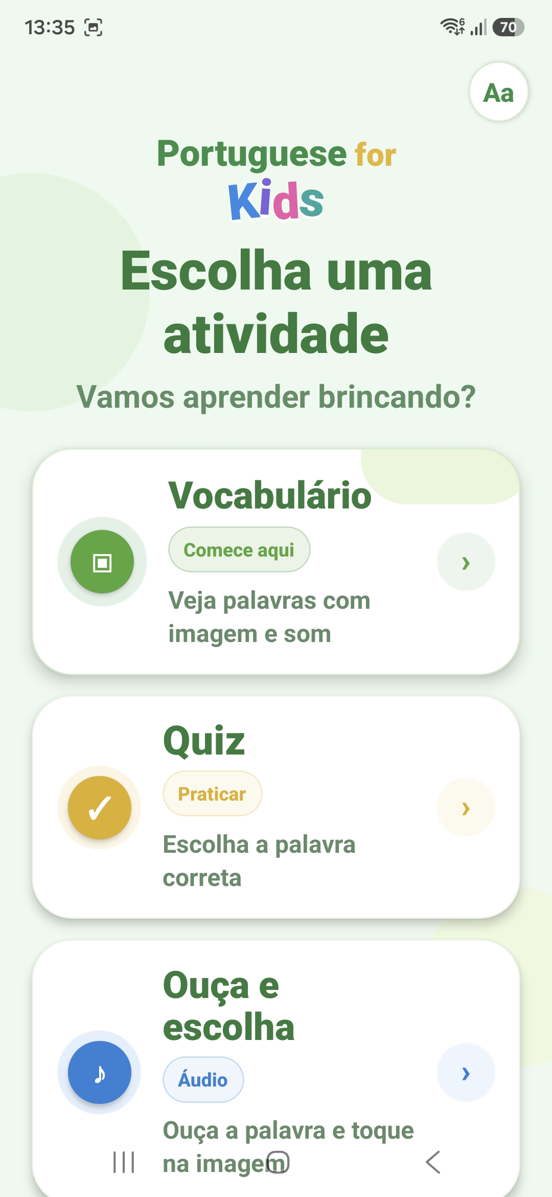 Tela de atividades do app Portuguese for Kids