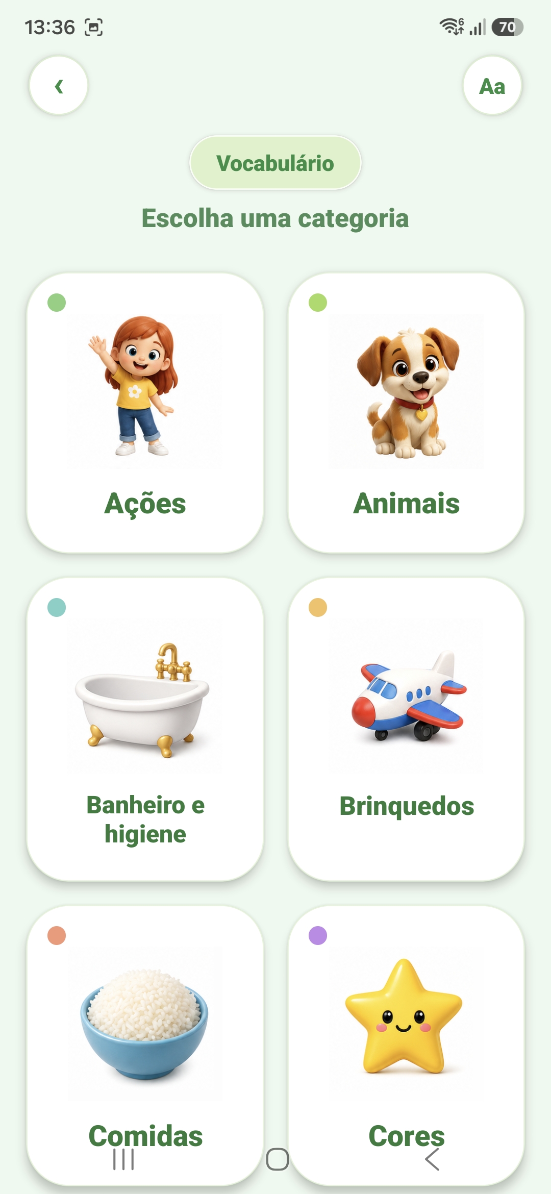 Portuguese for Kids vocabulary categories screen